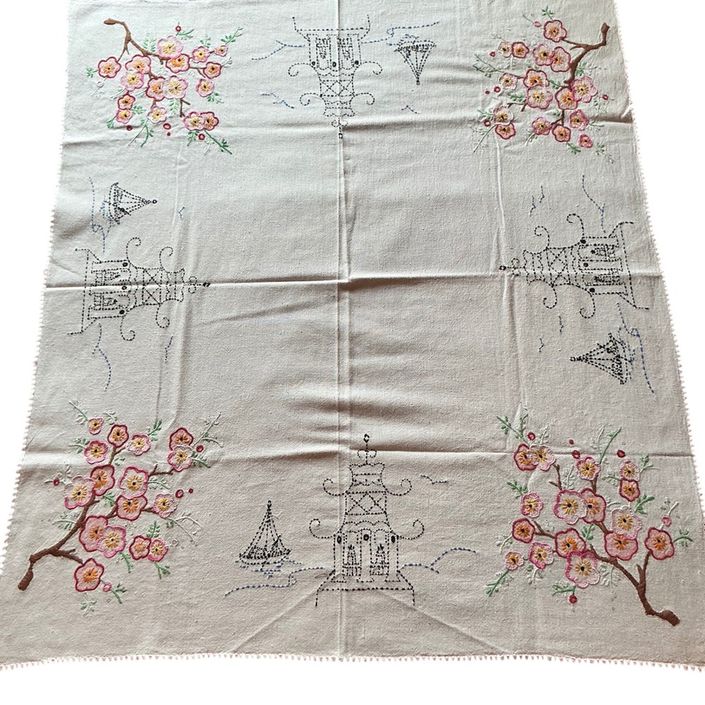 Vintage Hand Embroidered Tablecloth Pagoda Blossom Asian Floral 36x30 Linen‎
